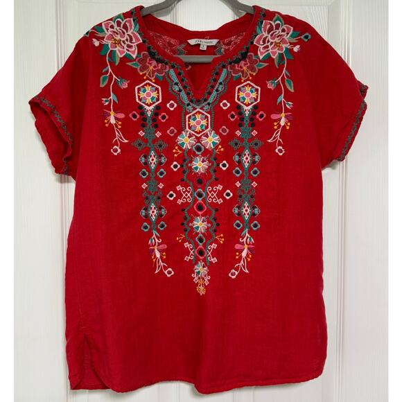 John Mark Women's Red 100%Linen Embroidered Short Sleeve Top Size Small - Picture 1 of 14